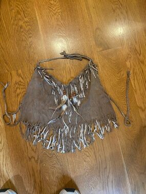 Fringed Deer LeatherHalter Top with Feather Accents - Taupe Vintage 1970s